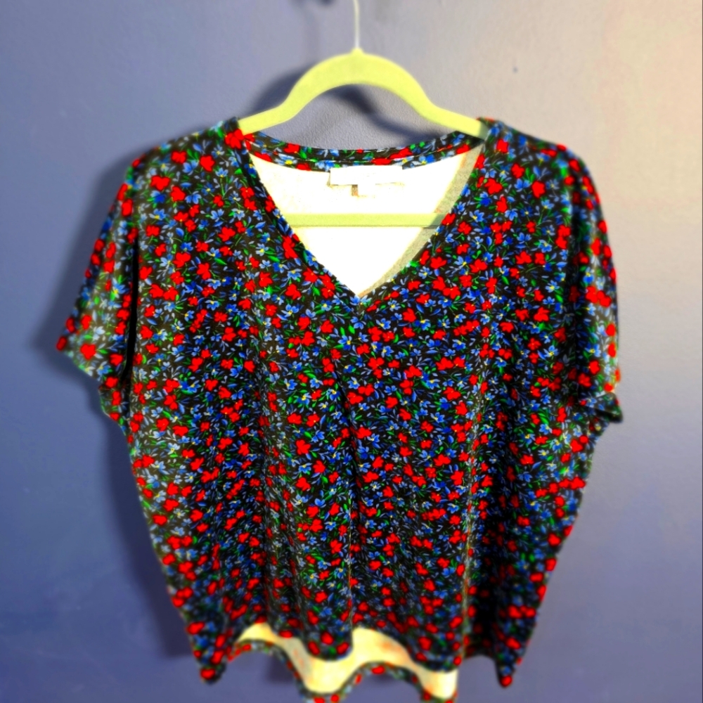 Loft Velvet Velour V-Neck Floral Short Sleeve Top Black Blue Red Medium